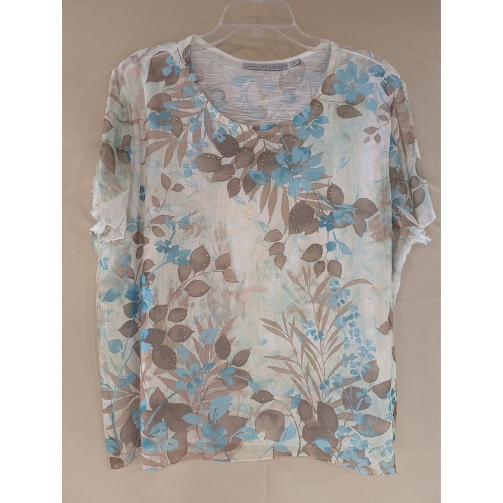 SAMANTHA GREY XL‎ Floral Top Blue Brown Sheer Layered Short Sleeve Shirt